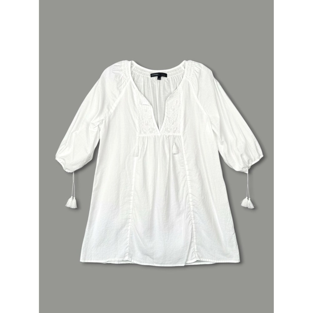 Vintage 00s White‎ Embroidered Cotton Tunic Blouse Size M Tassel Tie